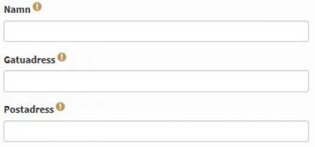 Tre formulärfält i ett elektroniskt formulär, fälten har rubrikerna Namn, Gatuadress och postnummer