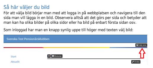 En skärmdump ur programmet som används för att redigera pensionärsföreningens webbsida, texten 