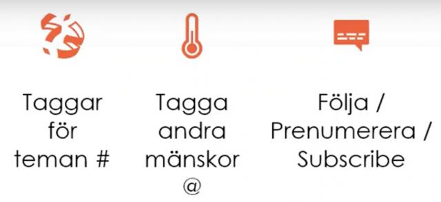 Ikoner och text. Serpentiner: taggar för teman #. Termometer: Tagga andra mänskor. Pratbubbla med undertexter: Följa, prenumerera, subscribe.