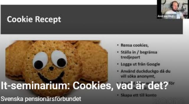 Bild från presentationen av kexrecept i slutet av seminariet, ett kex med ögon och mun och tipsen vad man kan tänka på för att miska spårning med cookies