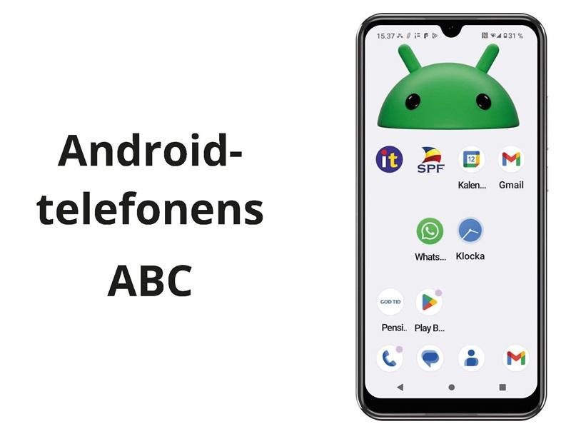 en grön gubbe mitt på bilden, ovanför står det android telefonens abc